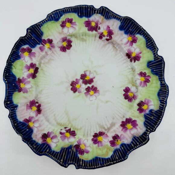 Nippon Cobalt/Gold/Green/Pink Porcelain Ceramic VTG Plate Purple Flowers Floral - Picture 3 of 7